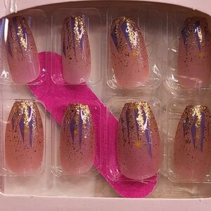 Press On Set - Pink with Gold Glitter and Purple Design